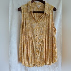 Woman Within Yellow Floral Pintuck Sleeveless Button-Down Top